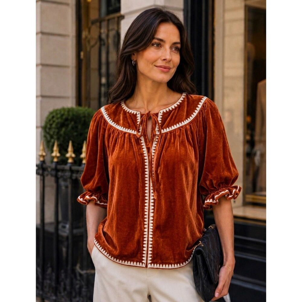 THML Rust Orange Velvet Embroidered Split Neck Tassel Peasant Blouse Top Sz S